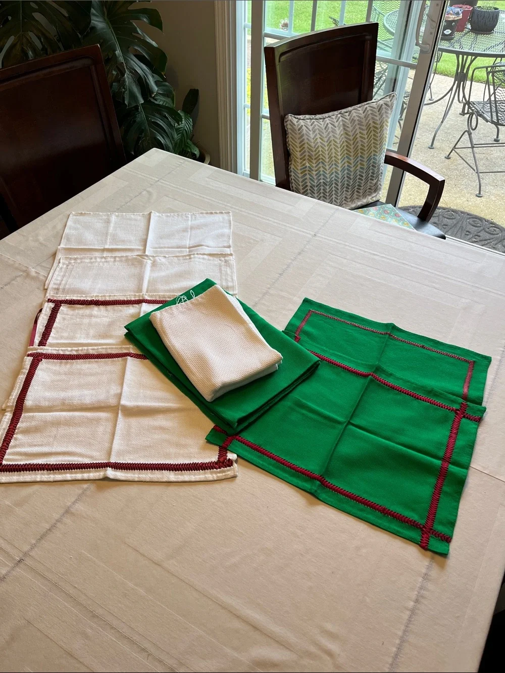 Two Green and White Waffle-Knit Textured Fabrics and 5 Unfinished Cloths